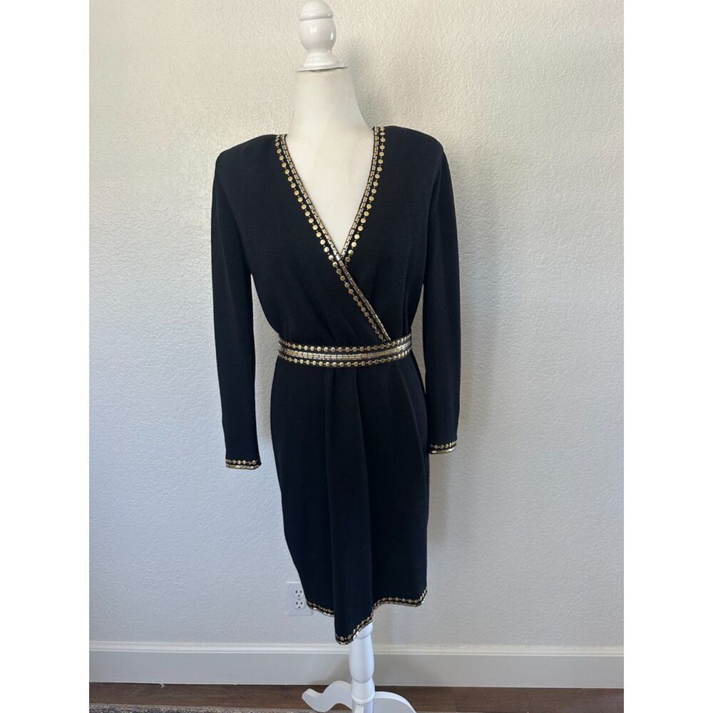 St. John Evening Black Santana Knit Dress Gold Studded Embellishments Belted 6